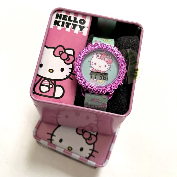 HELLO KITTY Sanrio Digital LCD Watch Fuchsia Pink Mint Bows Stars Gift Boxed NWT - Picture 2 of 6